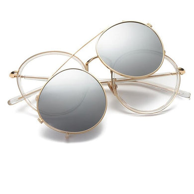 mirror Polarized sunglasses Women Round 2 lenses sunglasses clip vintage Transparent Glasses frame