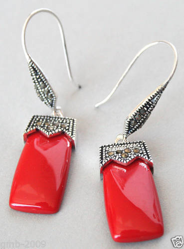 hot sell new - wb003 SILVER RED CORAL MARCASITE DANGLE EARRINGS