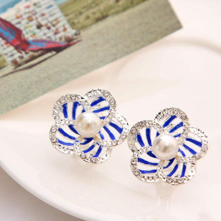 hot selling brand jewery luxury crystal imitation stud earrings for women Pearl flowers earrings for summer style