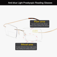 Load image into Gallery viewer, iboode Men Women Bifocal Reading Glasses Anti Blue Light Rimless Presbyopia Eyeglasses Computer Goggle Diopter +1.0 To +4.0