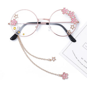 iboode Women Glasses Frames Sakura Star Pendant Metal Round Clear Lens Eyeglasses Girls Decorative