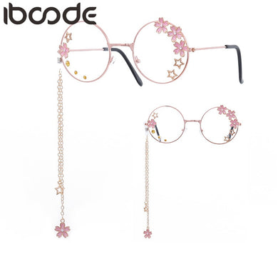 iboode Women Glasses Frames Sakura Star Pendant Metal Round Clear Lens Eyeglasses Girls Decorative