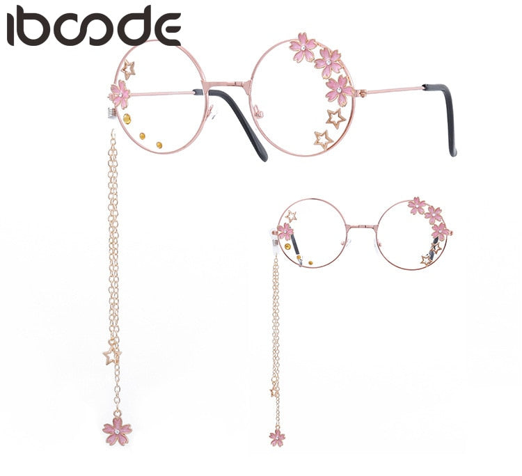 iboode Women Glasses Frames Sakura Star Pendant Metal Round Clear Lens Eyeglasses Girls Decorative
