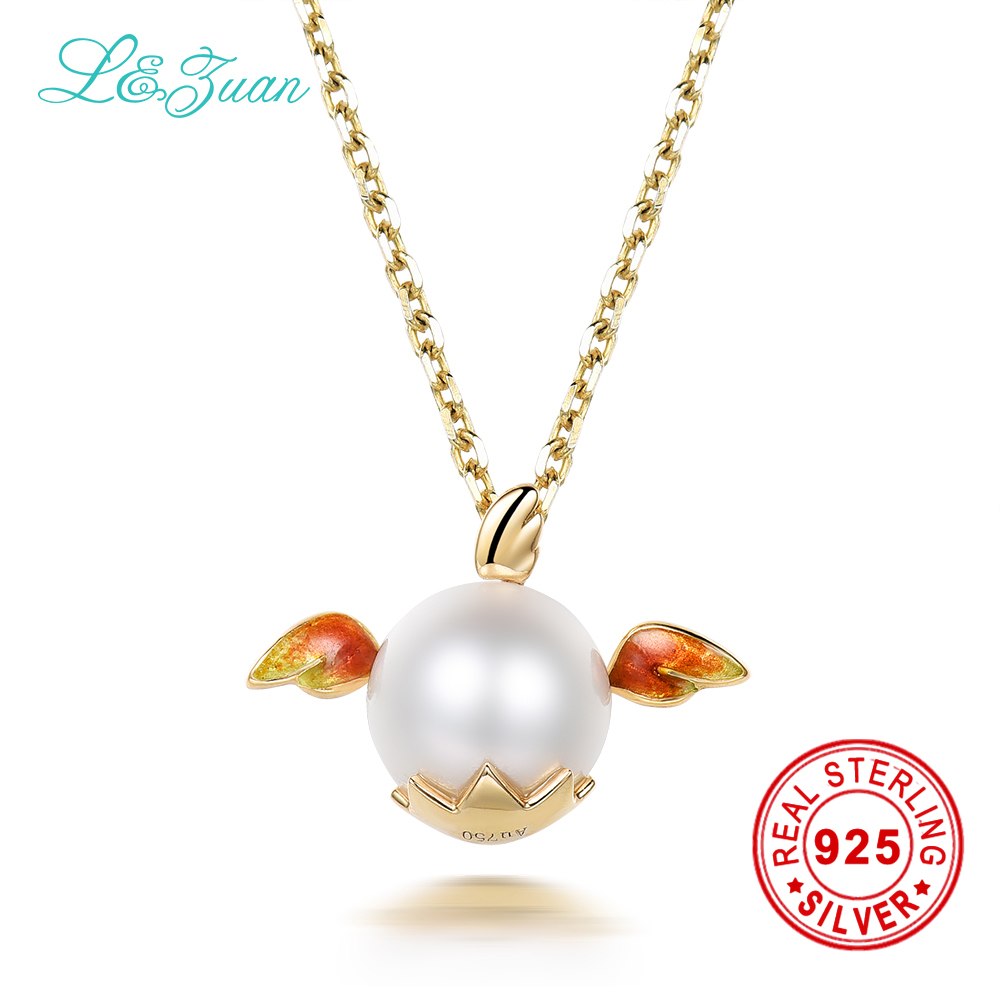18K Yellow Gold Necklace Kolye Colar Feminino Enamel Pearl Pursue Dream Angel Necklaces & Pendants Jewelry