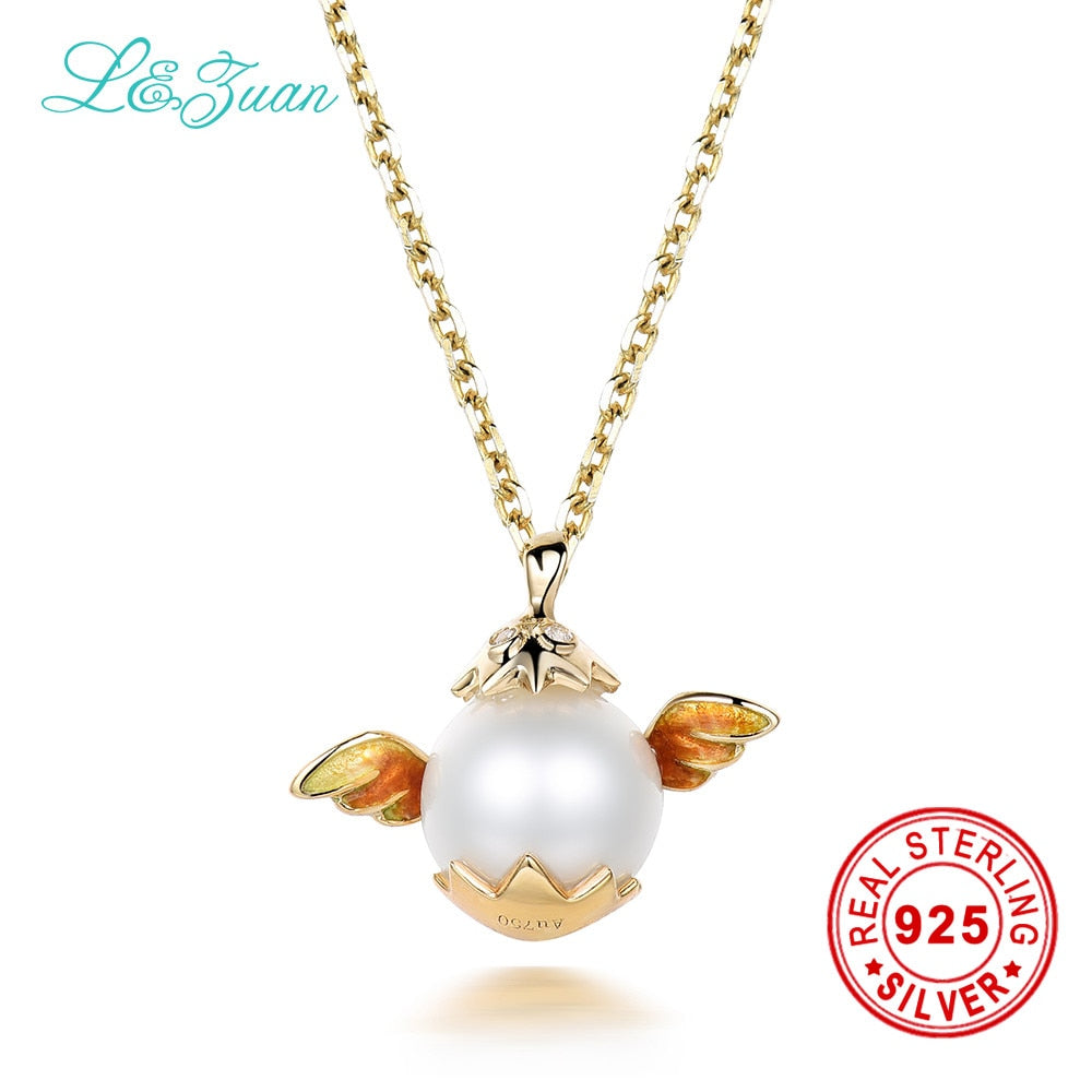 18K Yellow Gold Pendant Real Enamel Natural Pearl Pendant & Necklace For Women