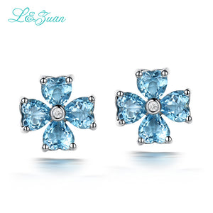 925 sterling silver earrings natrual 2.56ct Topaz blue stone flower stud earrings fine jewelry for women