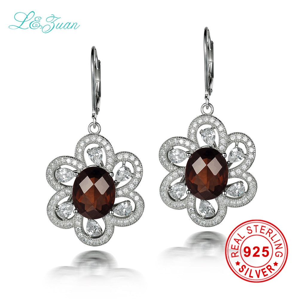 925 sterling silver natrual 6.68ct Smoky Crystal brown stone flower drop earring jewelry for women silver gift