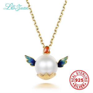 love heart angel pendant real enamel natural pearl 18K Yellow Gold pendant & necklace fine jewelry