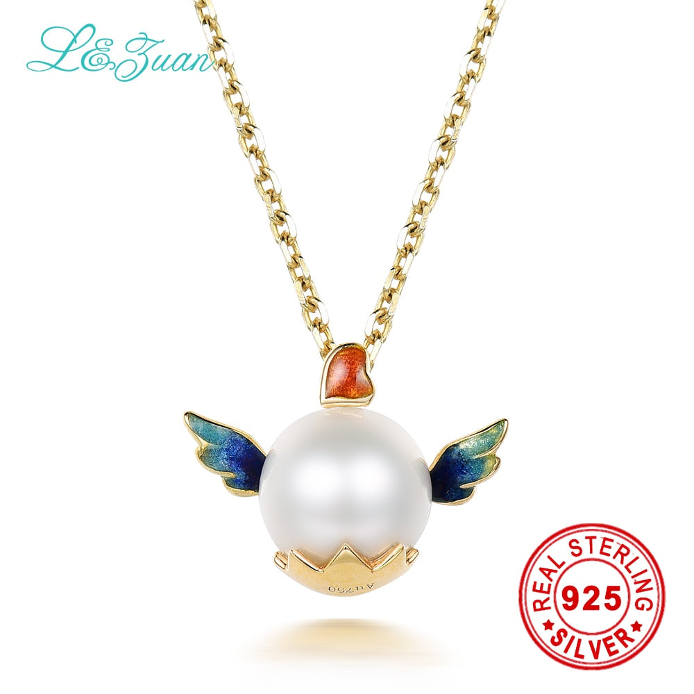 love heart angel pendant real enamel natural pearl 18K Yellow Gold pendant & necklace fine jewelry