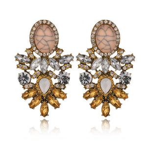 leaves design fashion hyperbole white crystal and yellow crystal crack stone Stud Earring Women
