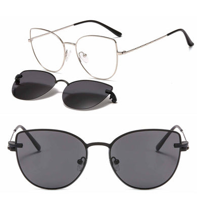 metal clip on sunglasses 33077 cateye shape optical glasses frame with clip on removable polarized sunglasses lenses for women