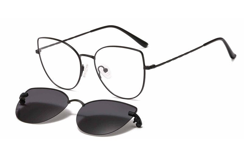metal clip on sunglasses 33077 cateye shape optical glasses frame with clip on removable polarized sunglasses lenses for women
