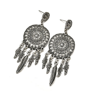 metal punk rock style fashion Bohemia vintage pattern Dream Catcher Feather tassel pendant long Stud Earring Women jewelry