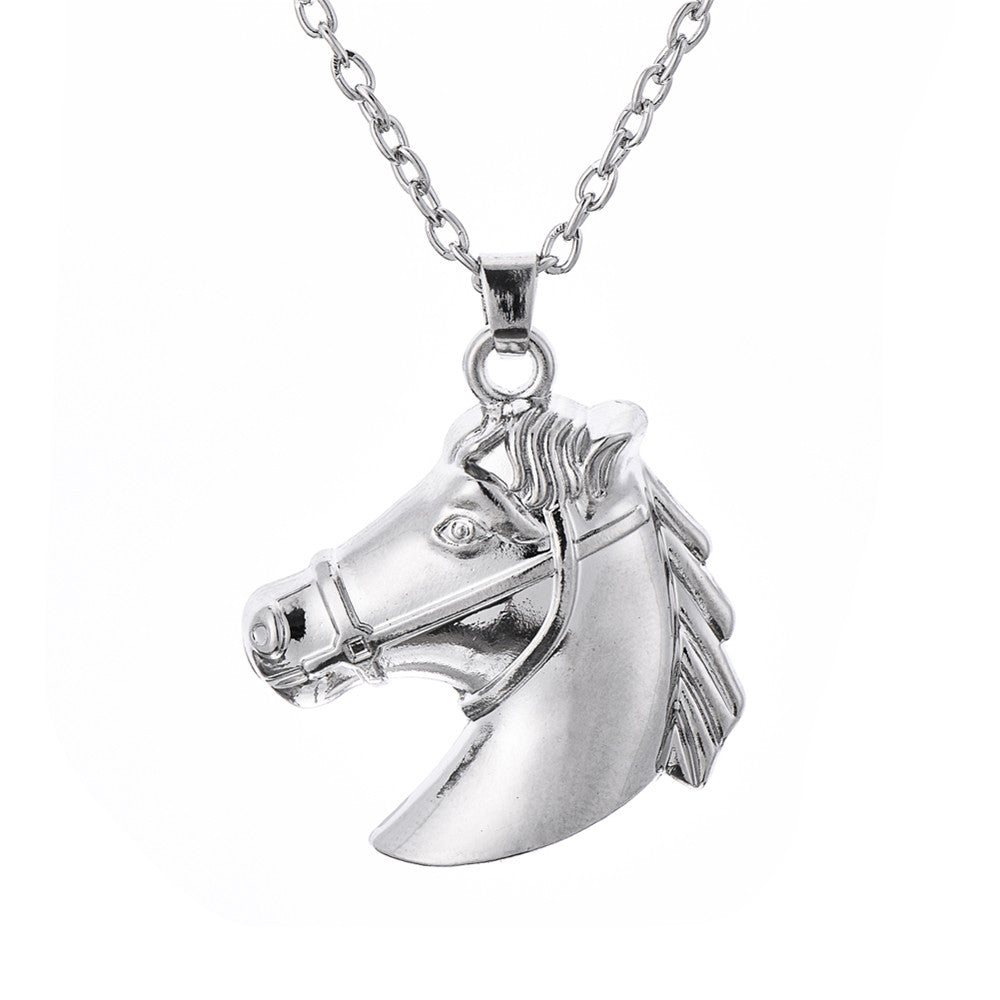 Horse Head Riding Simple Popular Hot Vintage Antique Silver Color Silver Horse Head Pendant Chain Necklace Women