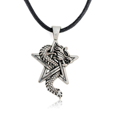 Pewter Dragon on Pentacle Pentagram Star Gothic Fantasy Pendant Mens Leather Necklace