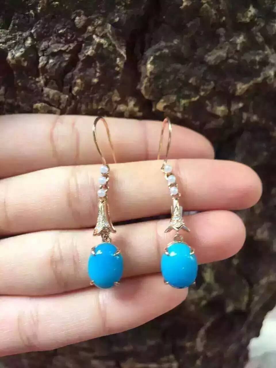 natural blue turquoise stone drop earrings 925 silver Natural gemstone earring women elegant round drop earrings for party