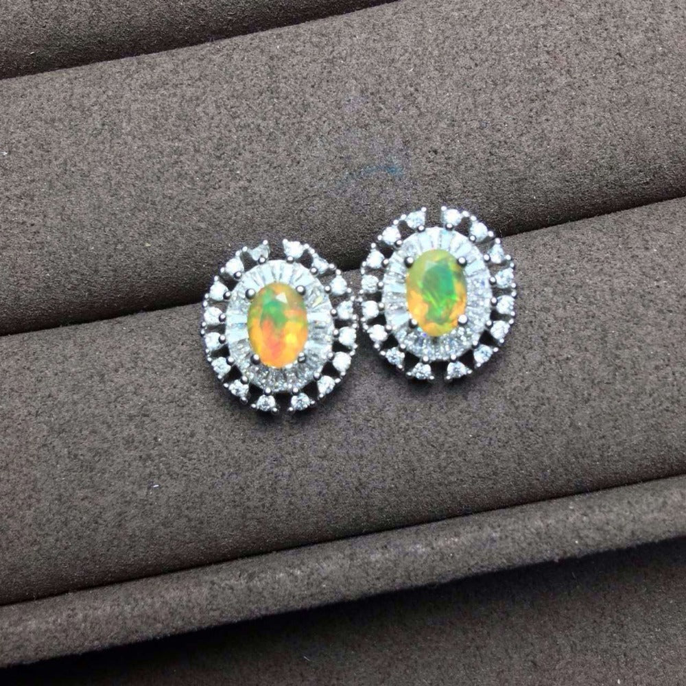 natural opal stud earrings 925 sterling silver natural gemstone earrings for girl women's party fine round Earrings jewelry