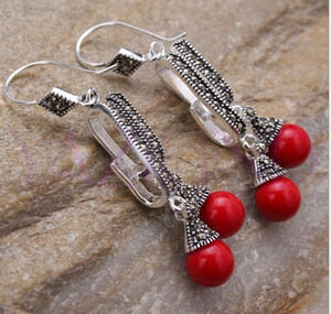 new Elegant tibet silver round bead cluster coral earrings Natural stone 925 Sterling Silver wedding jewelry earrings