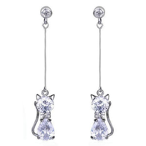 one pair of Zircon Cat Alloy Crystal Long Earrings White