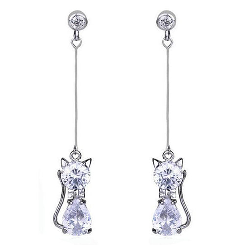one pair of Zircon Cat Alloy Crystal Long Earrings White