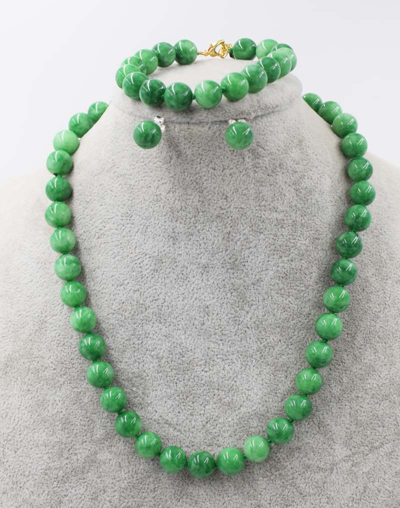 one set green jade round 10mm bracelet earrings necklace 18inch wholesale beads nature woman 2017