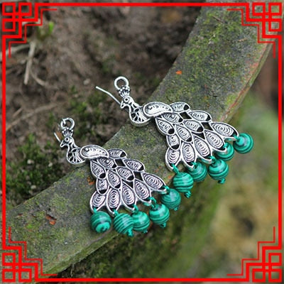 peacock dangle earrings New Original Ethnic earrings, bohemian National flavor vintage earrings green