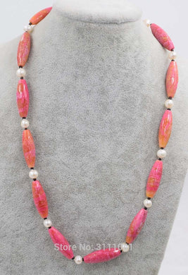 pink jasper egg and pearl white near round 10*30mm necklace 20inch wholesale beads nature woman 2017