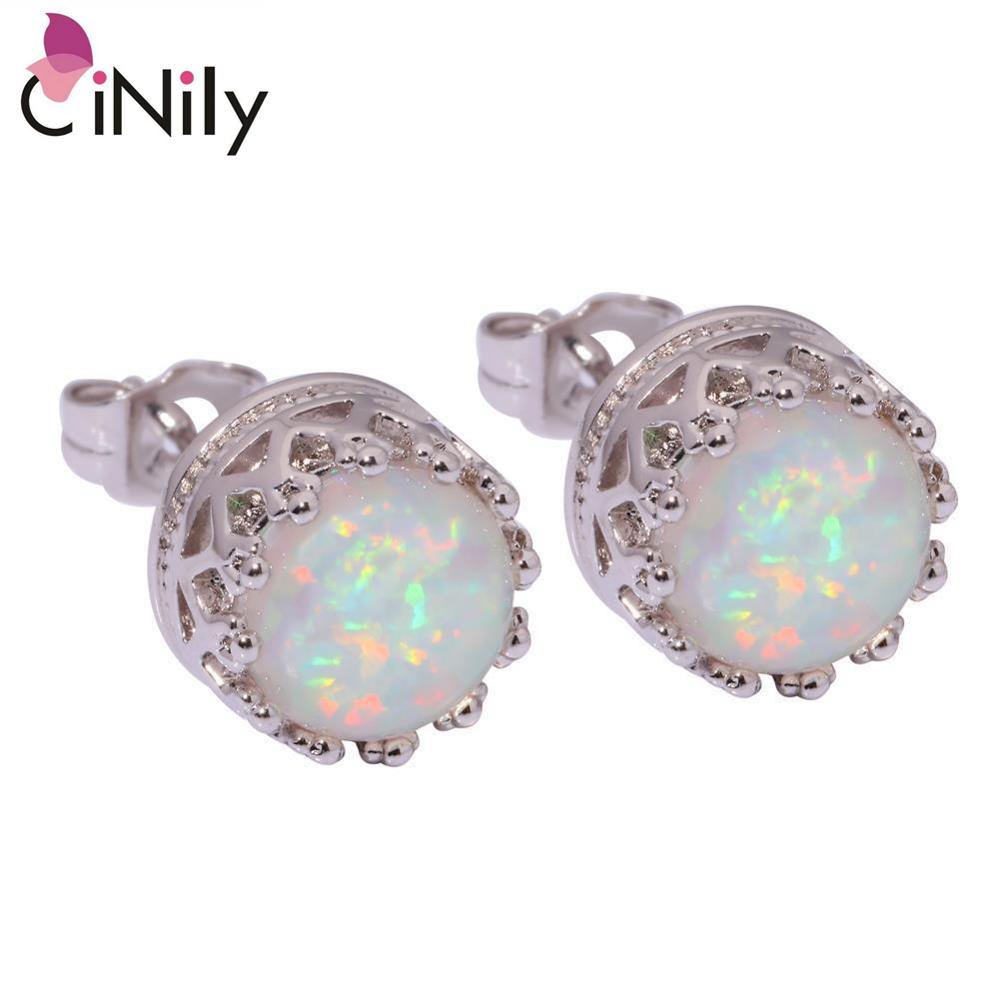 CiNily Created White Fire Opal Silver Plated Earrings Wholesale Fashion Wedding Party for Women Jewelry Stud Earrings 9mm OH3339