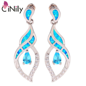 CiNily Created Blue Fire Opal Blue Zircon Cubic Zirconia Silver Plated Wholesale for Women Jewelry Stud Earrings 1 1/8" OH3098