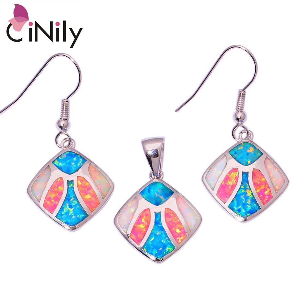 CiNily Created White Fire Opal Blue Fire Opal Pink Fire Opal Silver Plated Wholesale for Women Jewelry Pendant & Earrings OT76