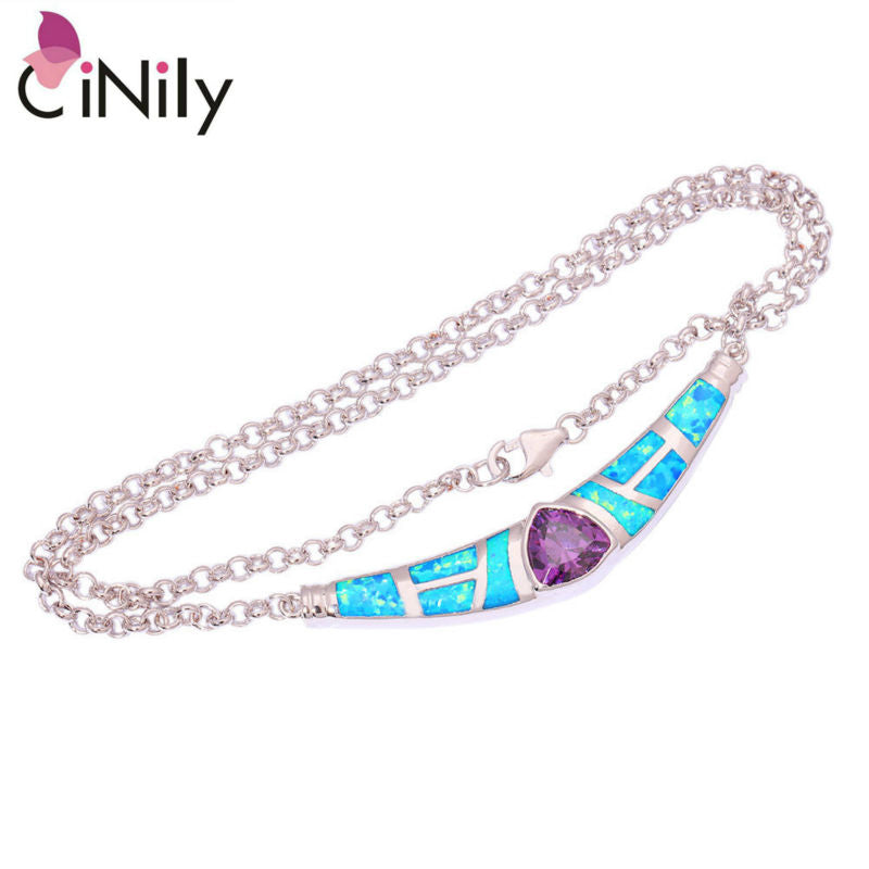 CiNily Created Blue Fire Opal Purple Zircon Silver Color Necklace Wholesale HOT for Women Jewelry Necklace Pendant 16 1/2