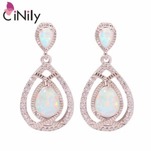 CiNily Created White Fire Opal Cubic Zirconia Silver Plated Wholesale Hot Sell for Women Jewelry Stud Earrings 1 1/4" OH3916