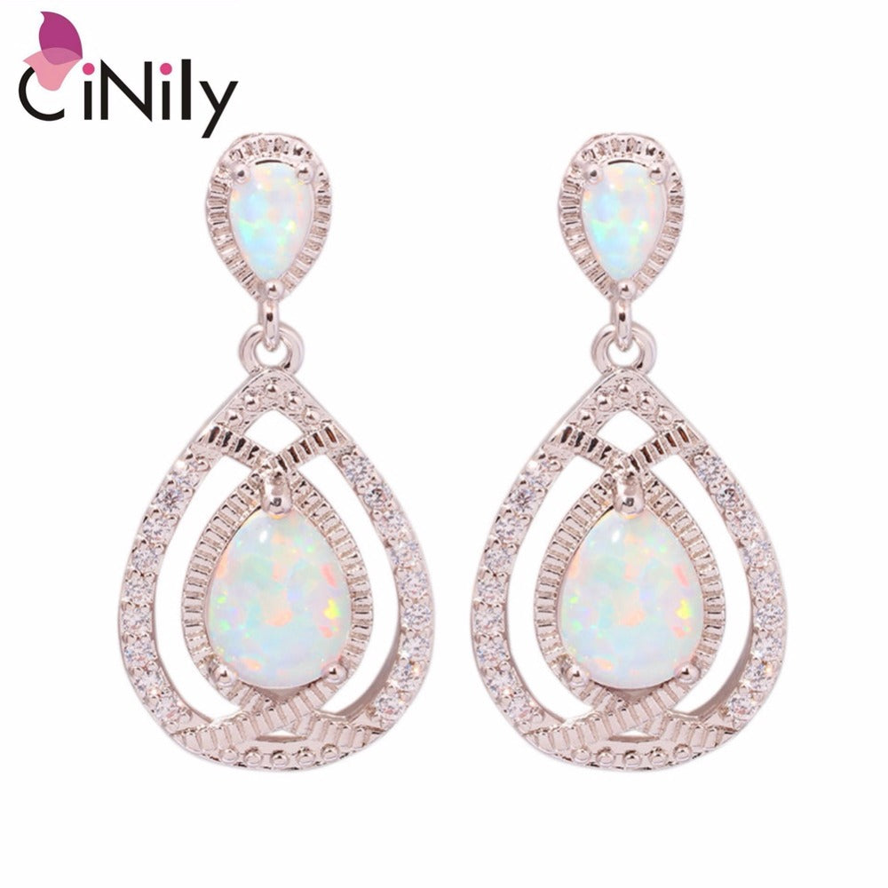 CiNily Created White Fire Opal Cubic Zirconia Silver Plated Wholesale Hot Sell for Women Jewelry Stud Earrings 1 1/4