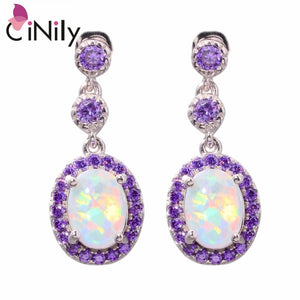 CiNily Created White Fire Opal Purple Zircon Silver Color Wholesale Fashion Jewelry for Women Party Stud Earrings 7/8" OH3805
