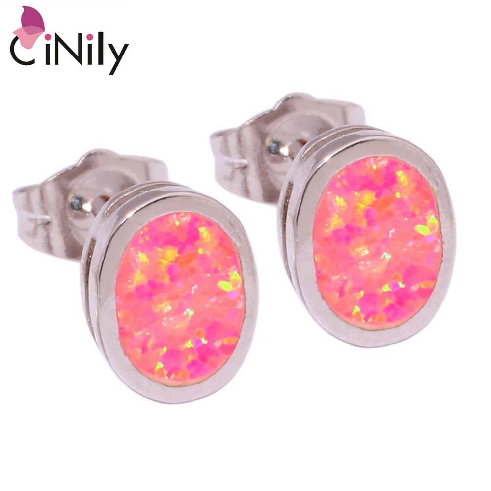 CiNily Created Pink Fire Opal Silver Plated Wholesale Hot Sell Fashion Wedding  for Women Jewelry Stud Earrings 7mm OH3130