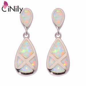 CiNily Created White Fire Opal Silver Plated Earrings Wholesale Fashion for Women Jewelry Party Stud Earrings 1" OH2275