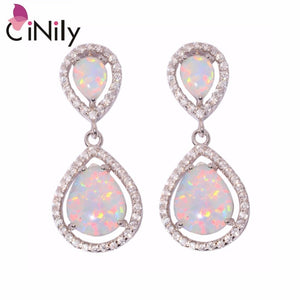 CiNily Created White Fire Opal Cubic Zirconia Silver Plated Earrings Wholesale for Women Jewelry Stud Earrings 1 1/4" OH3661