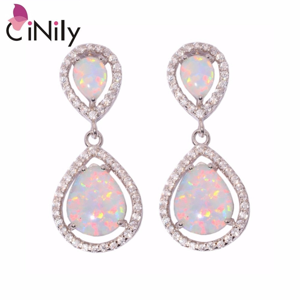 CiNily Created White Fire Opal Cubic Zirconia Silver Plated Earrings Wholesale for Women Jewelry Stud Earrings 1 1/4