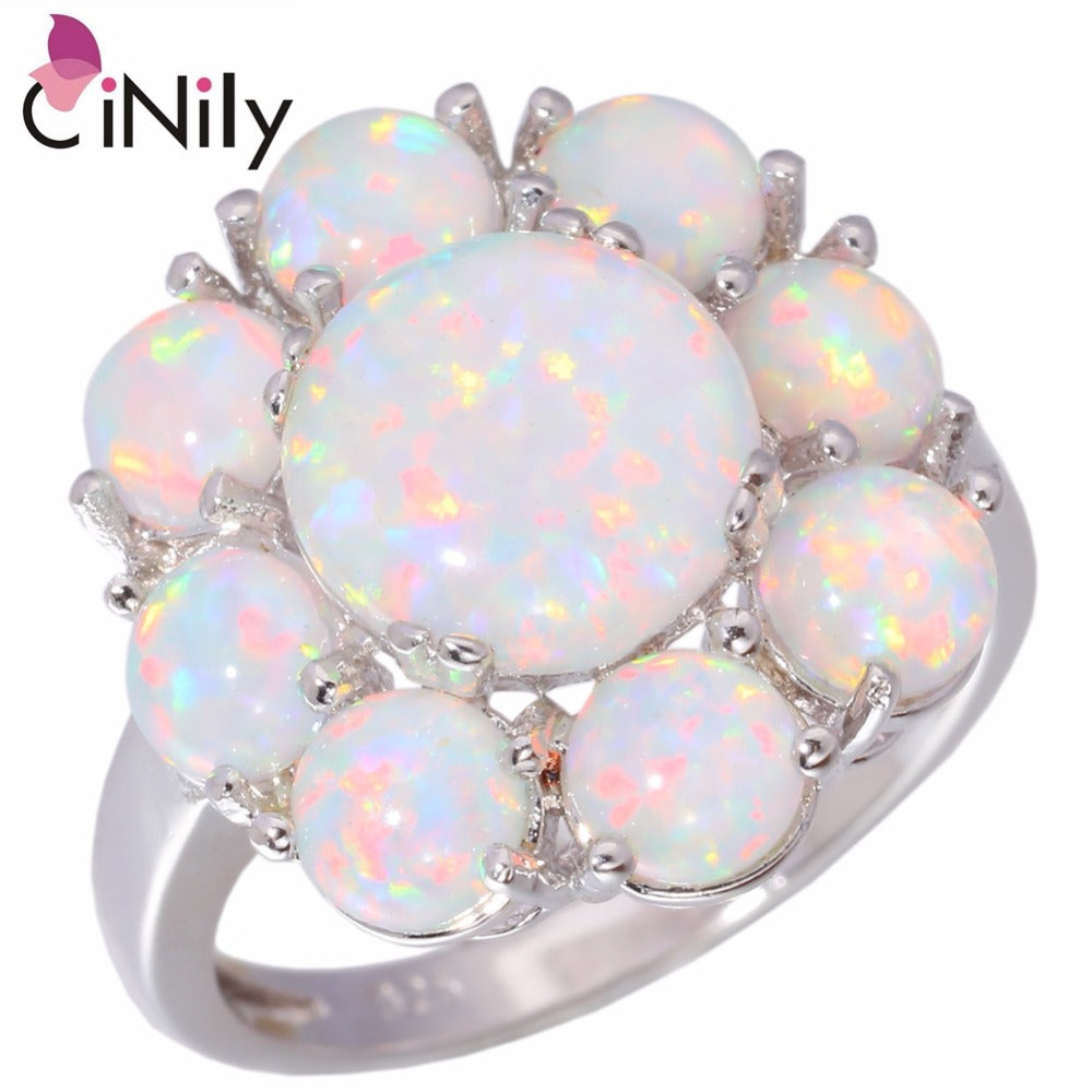 CiNily Created White Fire Opal Silver Plated Rings Wholesale Hot Sell Flower for Women Jewelry Gift Ring Size 5-11 OJ5058