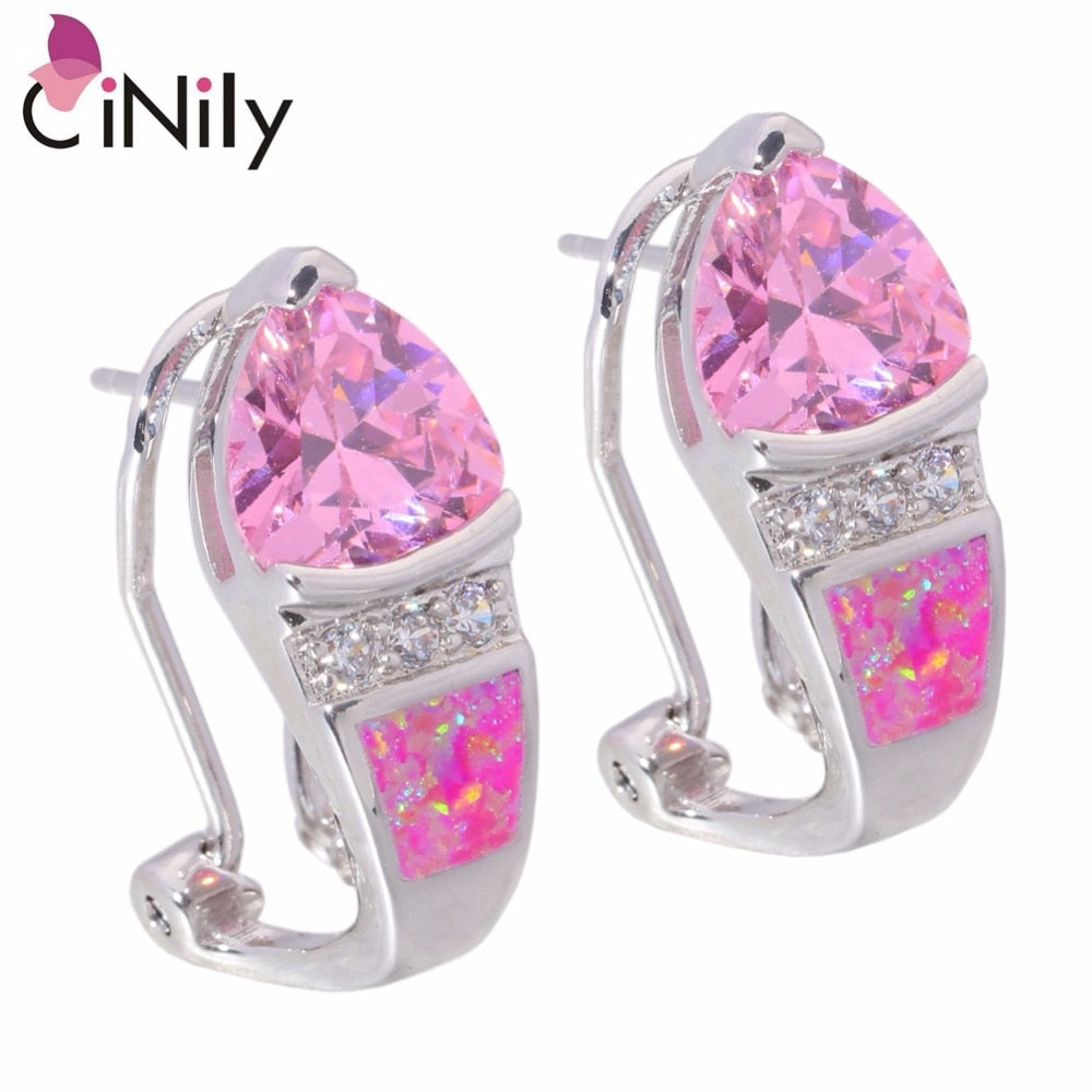 CiNily Created Pink Fire Opal Pink Zircon Cubic Zirconia Silver Plated Earrings Wholesale for Women Jewelry Stud Earrings OH3526
