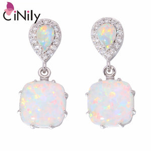CiNily Created White Fire Opal Cubic Zirconia Silver Plated Earrings Wholesale Fashion for Women Jewelry Stud Earrings 1" OH3513