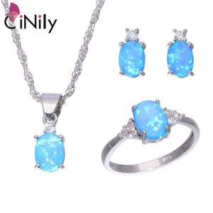 CiNily Created Blue Fire Opal Cubic Zirconia Silver Plated Wholesale Women Jewelry Ring Pendant Stud Earrings Jewelry Set OT149