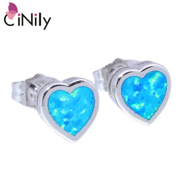 CiNily Created Blue Orange Pink White Fire Opal Silver Plated Wholesale Lovely Heart for Women Jewelry Earrings 7mm OH2705-08