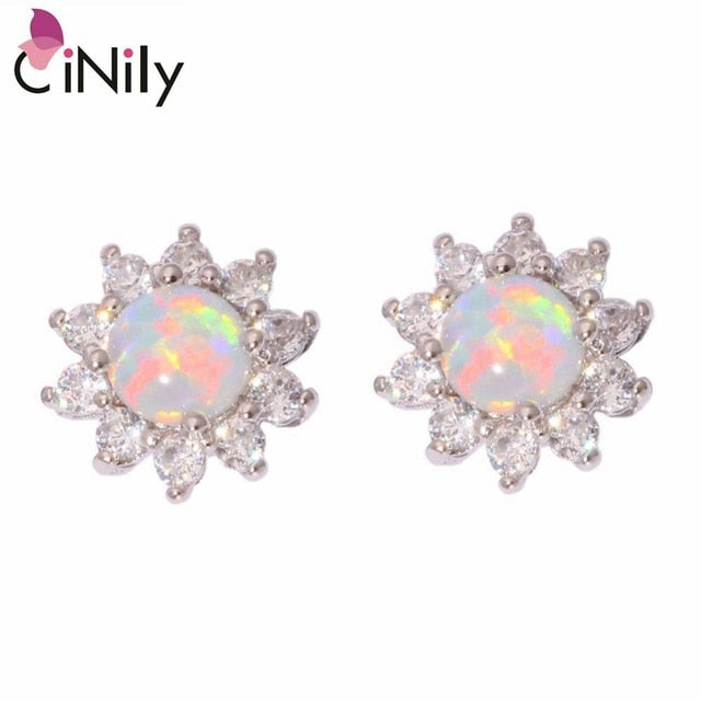 CiNily Created White Fire Opal Cubic Zirconia Silver Plated Earrings Wholesale Retail Women Jewelry Stud Earrings 12mm OH3448