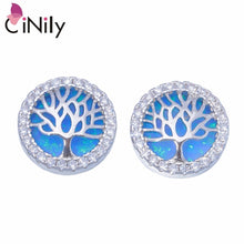 Load image into Gallery viewer, Tree of Life CiNily Created Blue White Fire Opal Cubic Zirconia Silver Plated Wholesale for Women Jewelry Stud Earrings OH4473-4