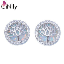 Load image into Gallery viewer, Tree of Life CiNily Created Blue White Fire Opal Cubic Zirconia Silver Plated Wholesale for Women Jewelry Stud Earrings OH4473-4