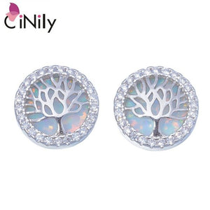 Tree of Life CiNily Created Blue White Fire Opal Cubic Zirconia Silver Plated Wholesale for Women Jewelry Stud Earrings OH4473-4