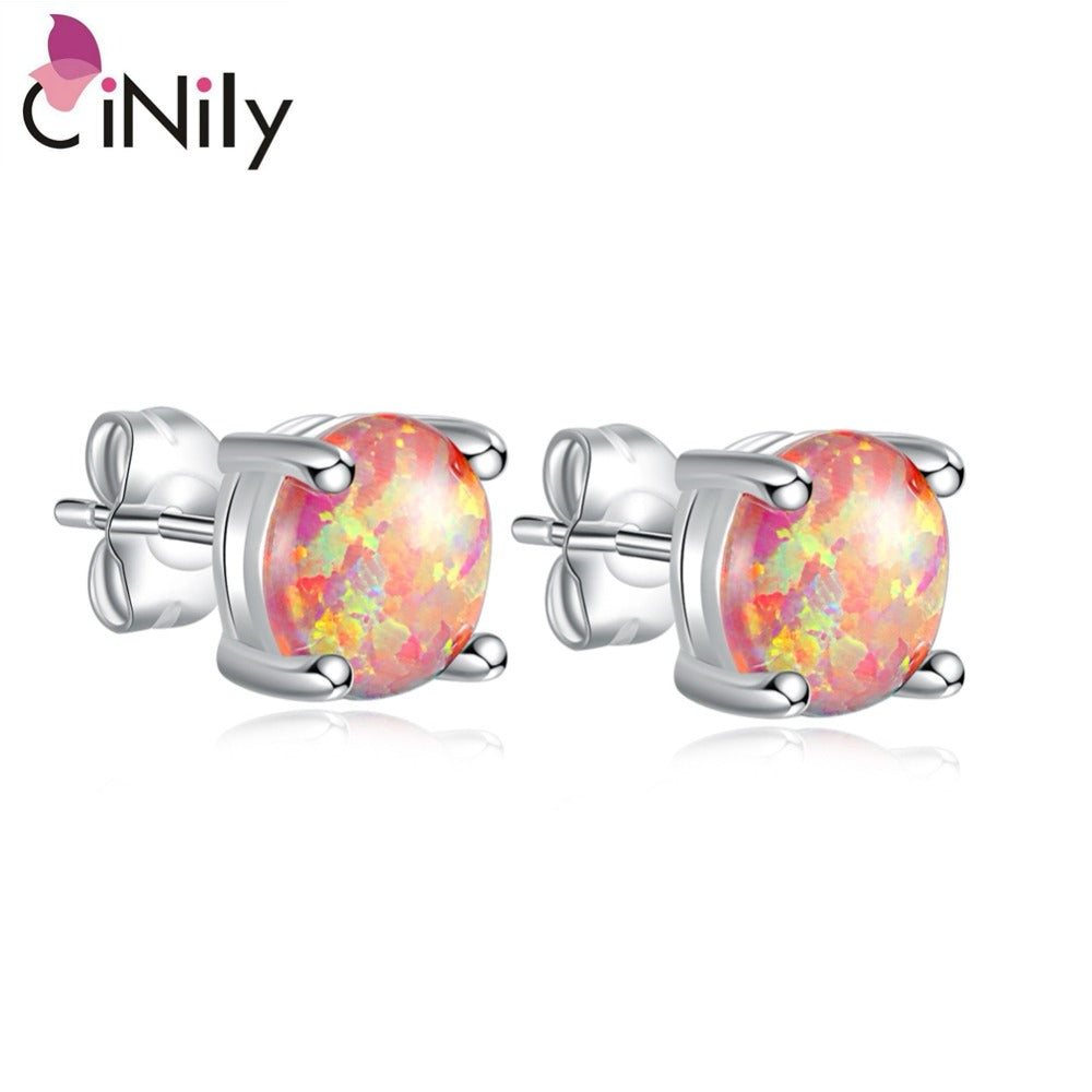 CiNily Created Orange Fire Opal 8mm Silver Plated Earrings Wholesale Fashion for Women Jewelry Stud Earrings 8mm OH1433