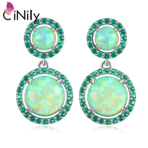 CiNily Created Green Fire Opal Green Zircon Silver Plated for Women Jewelry Wedding Gift Stud Earrings 1 1/8" OH3639