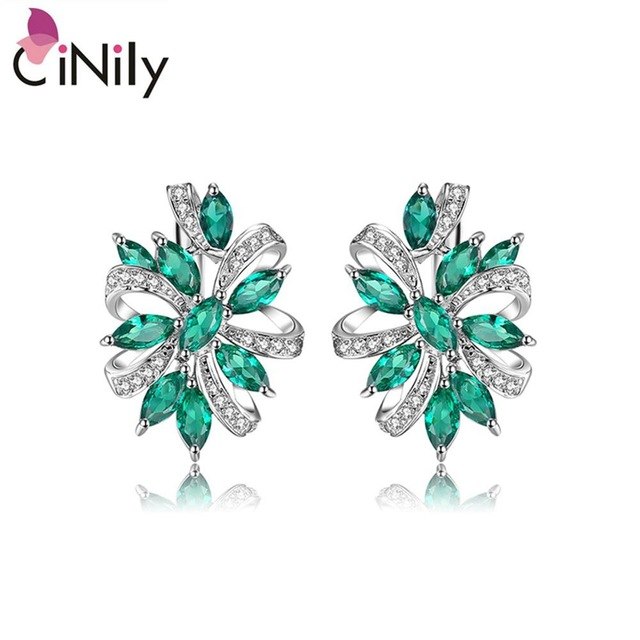 CiNily 100% 925 Sterling Silver Created Green Blue Stone Cubic Zirconia Wholesale for Women Jewelry Clip Earrings 7/8